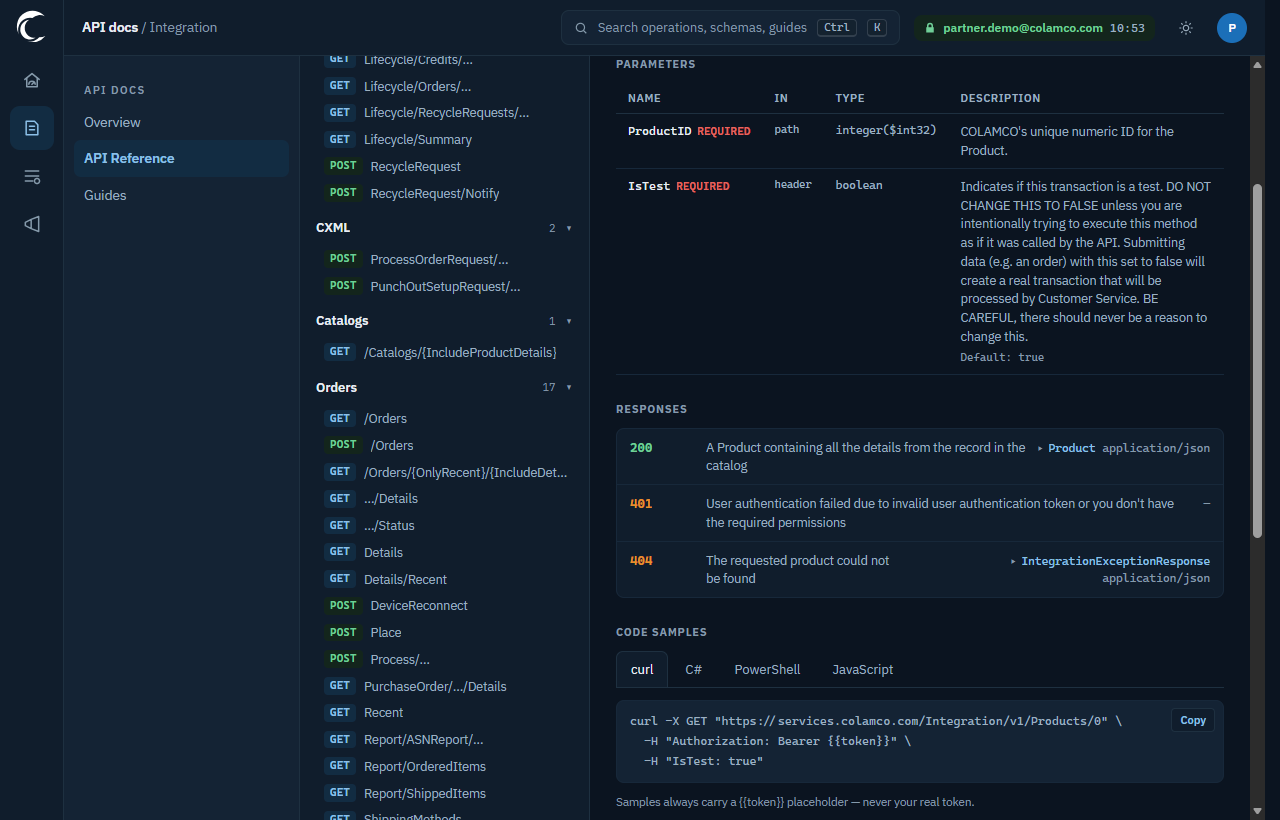The same API reference operation rendered in the dark theme.