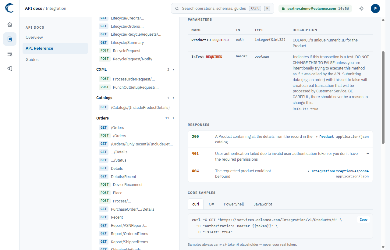 The Integration API reference showing the parameters, response codes and curl sample for GET /Products/{ProductID}.