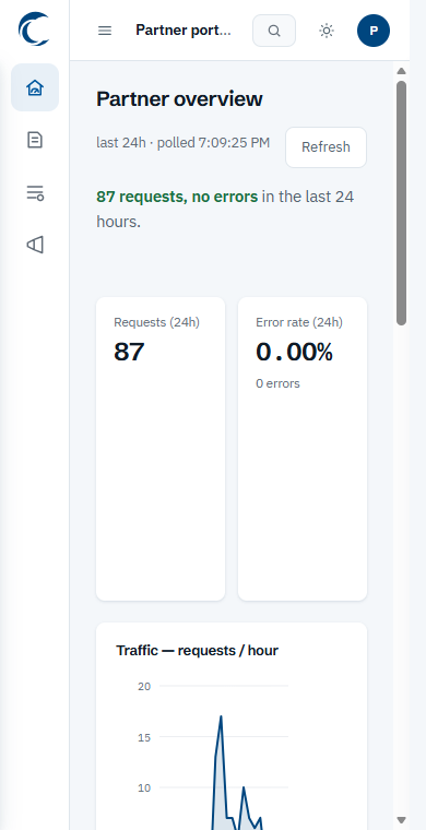 The partner portal overview on a phone-width screen.