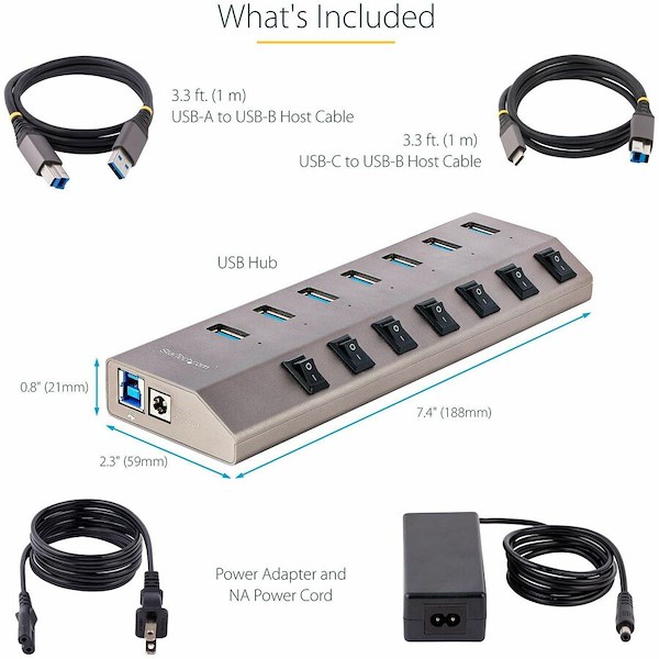 StarTech.com 7-Port Self-Powered USB-C Hub with Individual On/Off Switch, Desktop/Laptop USB-C to USB-A Hub, USB Type C Hub w/Power Supply - Alternate-Image2