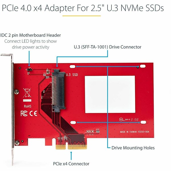 StarTech.com U.3 to PCIe Adapter Card, PCIe 4.0 x4 Adapter For 2.5" U.3 NVMe SSDs, SFF-TA-1001 PCI Express Add-in Card, TAA Compliant - Alternate-Image2