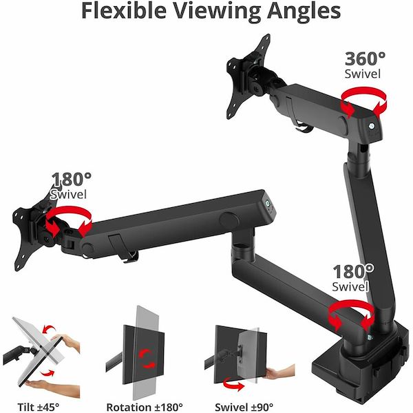 Dual 38" Mechanical Spring Monitor Arm Top Mount-Black, Up to 38" Monitor, Max Load up to 26.4 lbs each