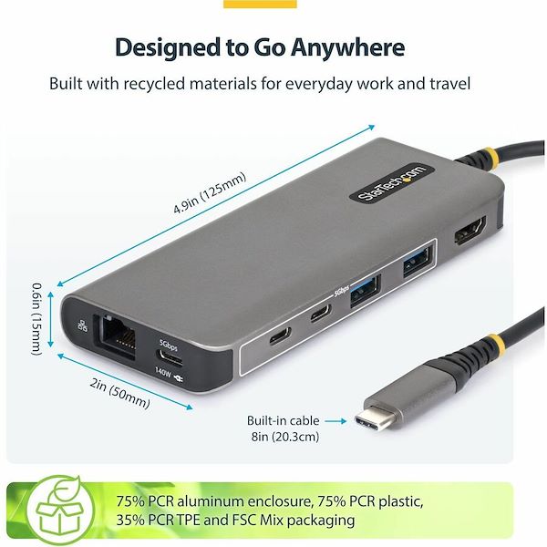StarTech USB-C to HDMI Multiport Adapter with 140W PD Charging, 4K 60Hz, 5-Port USB 5Gbps Hub, GbE, Type-C Mini Dock