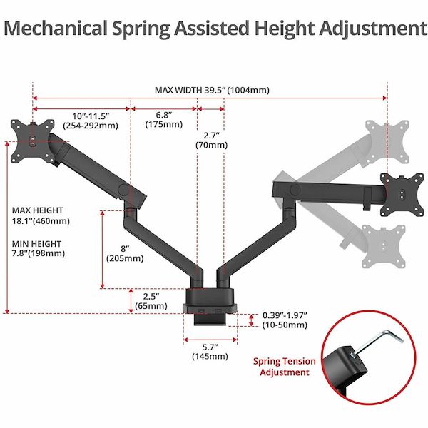 Dual 38" Mechanical Spring Monitor Arm Top Mount-Black, Up to 38" Monitor, Max Load up to 26.4 lbs each